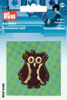 Applikation Eule auf grünem/blauem Stoff