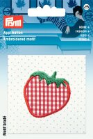 Applikation Erdbeere auf weißem/blauem Stoff