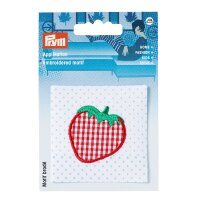 Applikation Erdbeere auf weißem/blauem Stoff