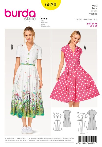 6520 Kleid, Hemdblusenstil, Faltenrock, Burda