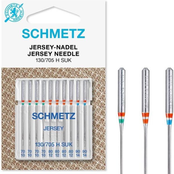 SCHMETZ Nähmaschinennadeln | 10 Jersey-Nadeln | 130/705 H SUK | Nadeldicken: 4X 70/10, 4X 80/12 und 2X 90/14