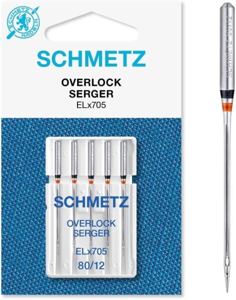 SCHMETZ Nähmaschinennadel | 5 Overlock-Nadeln | Nadelsysteme ELx705 und SY 2022 | Nadeldicke: 80/12