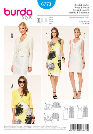 6773 Kleid, ärmellos, Jacke, hüftkurz, Burda